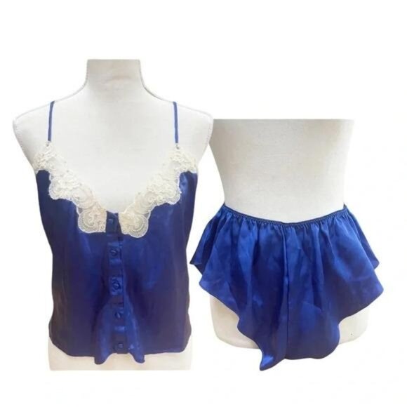 Vintage 1990s Victoria’s Secret Gold Label Blue Satin Sleep Set - Picture 2 of 10